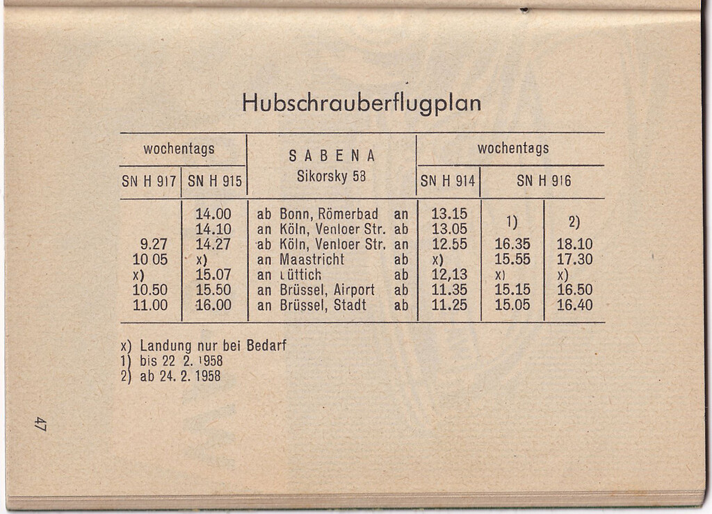 Flugplan für die beiden internationalen Hubschrauberflughäfen der Fluglinie Sabena in Bonn und in Köln, abgedruckt in einem zeitgenössischen Sparbuch der Dresdner Bank, Filiale Bonn (um 1955/58).