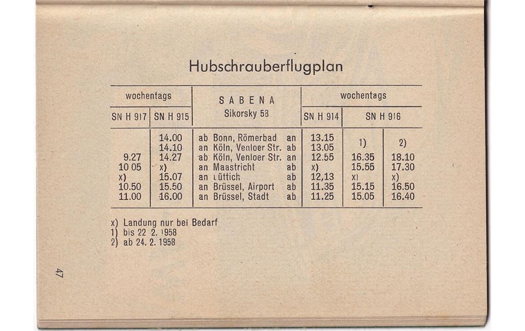 Flugplan für die beiden internationalen Hubschrauberflughäfen der Fluglinie Sabena in Bonn und in Köln, abgedruckt in einem zeitgenössischen Sparbuch der Dresdner Bank, Filiale Bonn (um 1955/58).