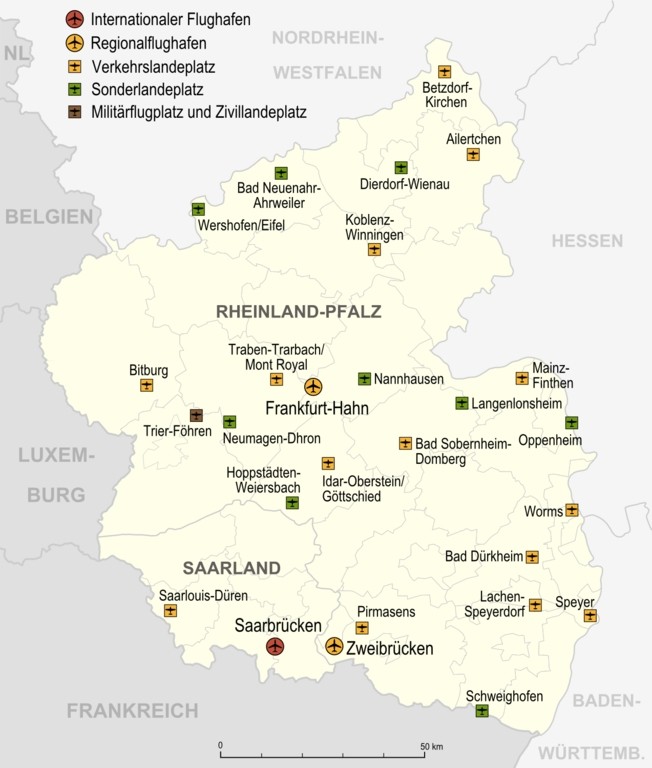 Thematische Karte mit Flughäfen, Verkehrslandeplätzen und Sonderlandeplätzen in Rheinland-Pfalz und im Saarland, Stand 2007.