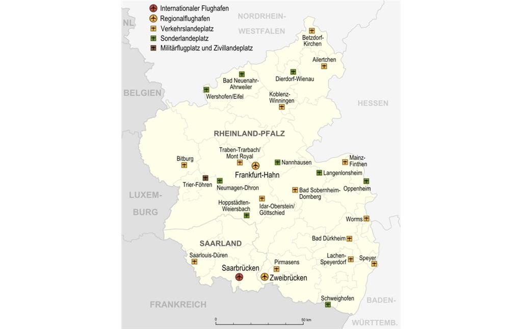 Thematische Karte mit Flughäfen, Verkehrslandeplätzen und Sonderlandeplätzen in Rheinland-Pfalz und im Saarland, Stand 2007.