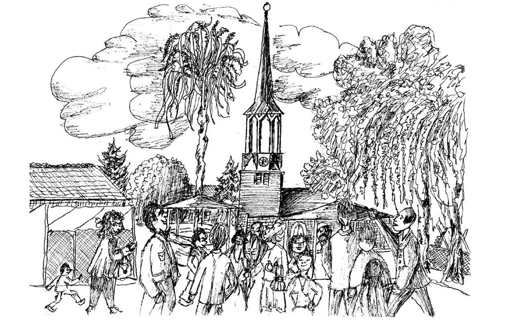 Dorfplatz in Etzweiler mit der Pfarrkirche St. Hubertus beim Maifest, Zeichnung von Johannes Mausbach.