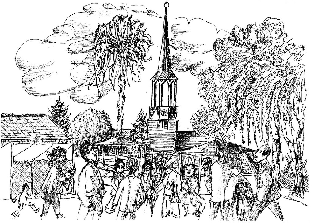 Dorfplatz in Etzweiler mit der Pfarrkirche St. Hubertus beim Maifest, Zeichnung von Johannes Mausbach.