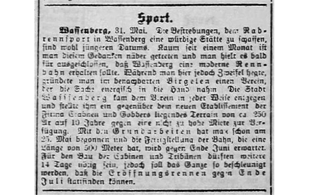 Historischer Zeitungsbericht zum Bau der Rennbahn in Wassenberg aus der Heinsberger Volkszeitung vom 2. Juni 1906.