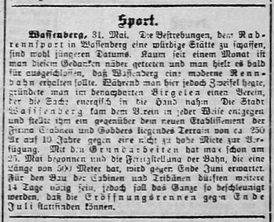 Historischer Zeitungsbericht zum Bau der Rennbahn in Wassenberg aus der Heinsberger Volkszeitung vom 2. Juni 1906.