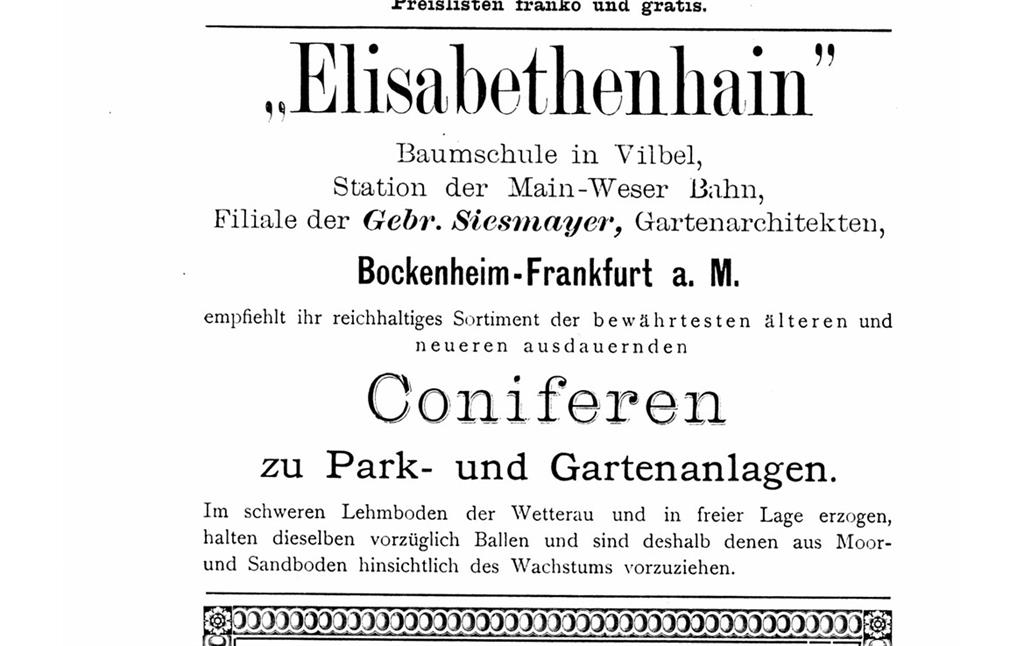 Werbeanzeige kurz nach Eröffnung der Baumschule Elisabethenhain (1887)