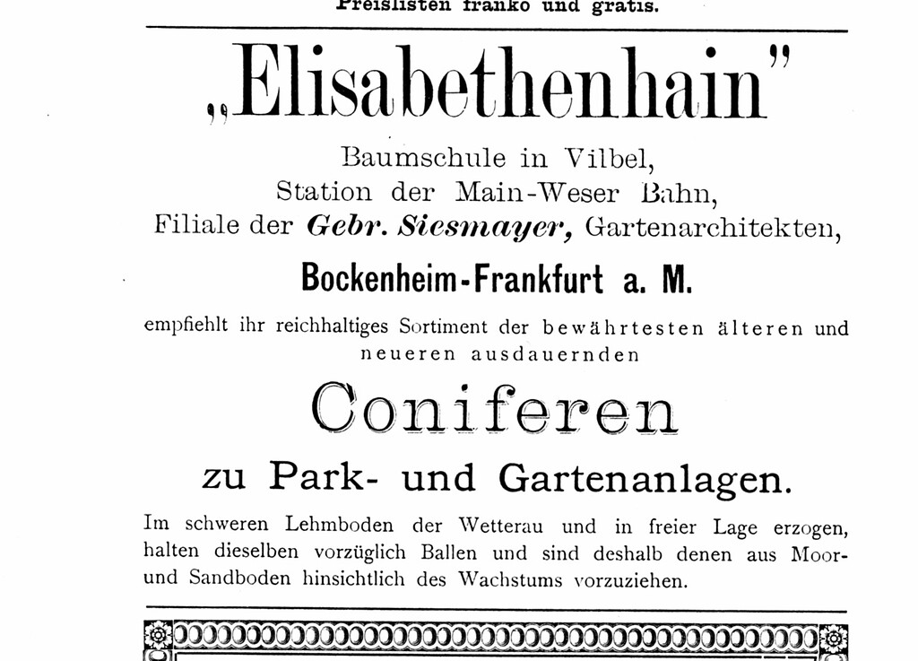Werbeanzeige kurz nach Eröffnung der Baumschule Elisabethenhain (1887)