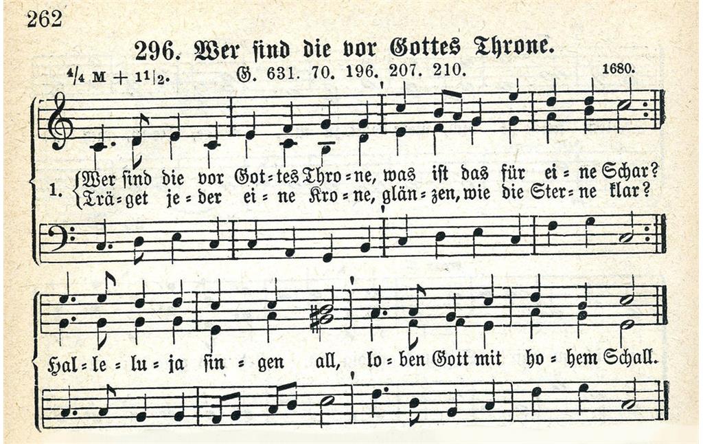 Liednoten "Wer sind die vor Gottes Throne...", aus "Cantate! Mehrstimmige Lieder für Frauenchor, zum Gebrauch in Schulen sowie in Jungfrauenvereinen" (1908).