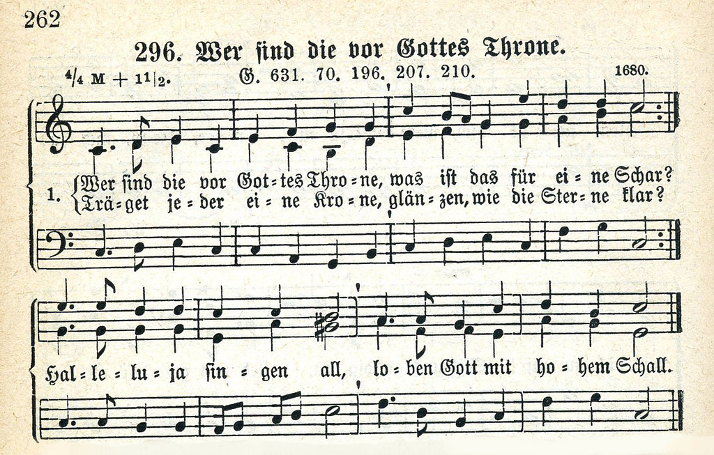 Liednoten "Wer sind die vor Gottes Throne...", aus "Cantate! Mehrstimmige Lieder für Frauenchor, zum Gebrauch in Schulen sowie in Jungfrauenvereinen" (1908).