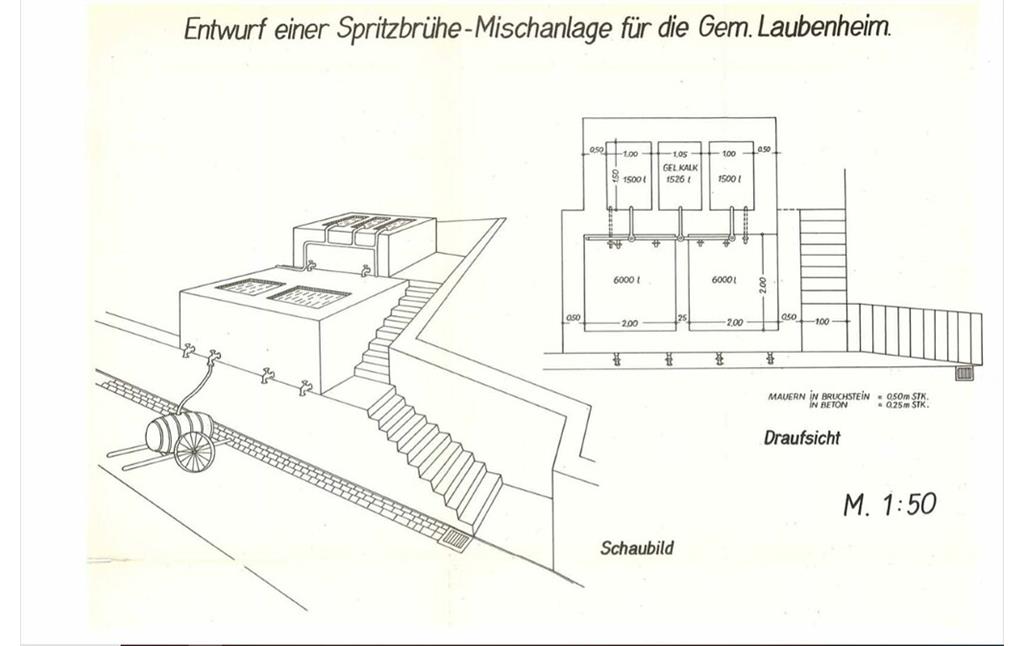 Konstruktionszeichnung der alten Spritzanlage in Laubenheim a. d. Nahe (1930er Jahre)