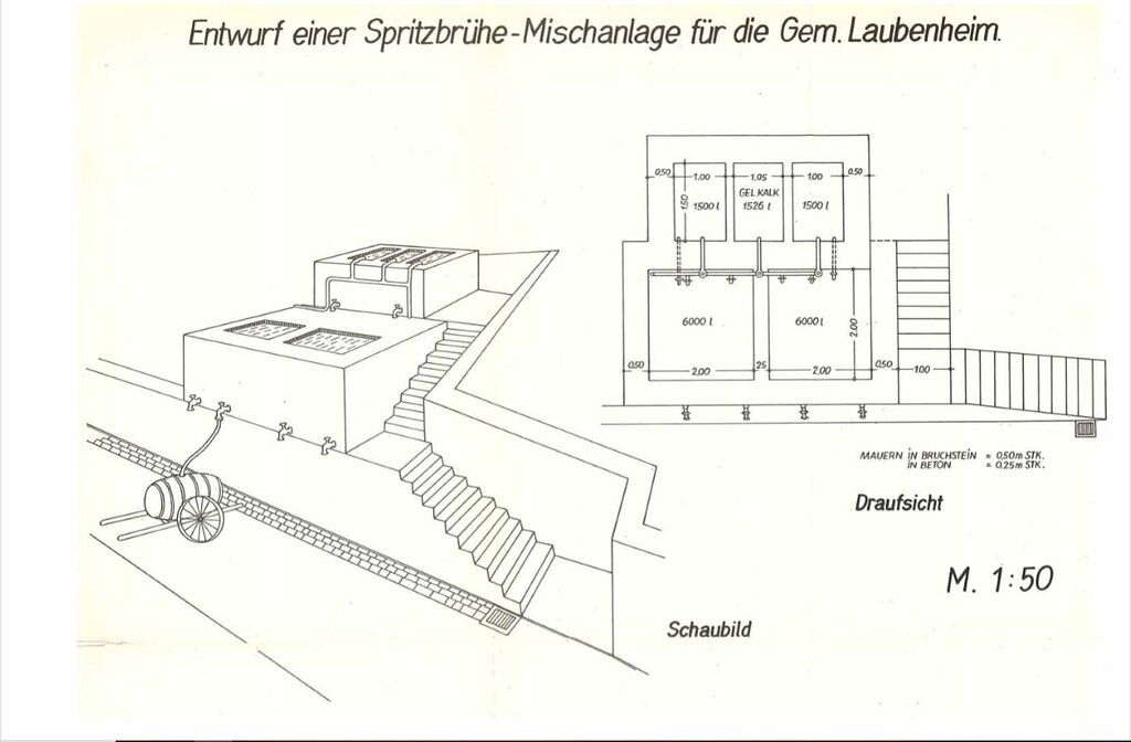 Konstruktionszeichnung der alten Spritzanlage in Laubenheim a. d. Nahe (1930er Jahre)