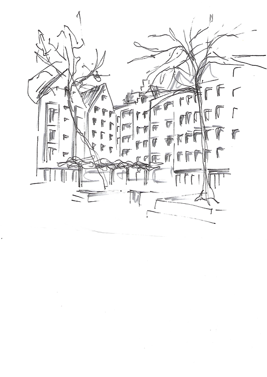 Skizze zur Wahrnehmung der giebelständigen Stadthäuser rund um Groß St. Martin in Köln Altstadt-Nord (2021)