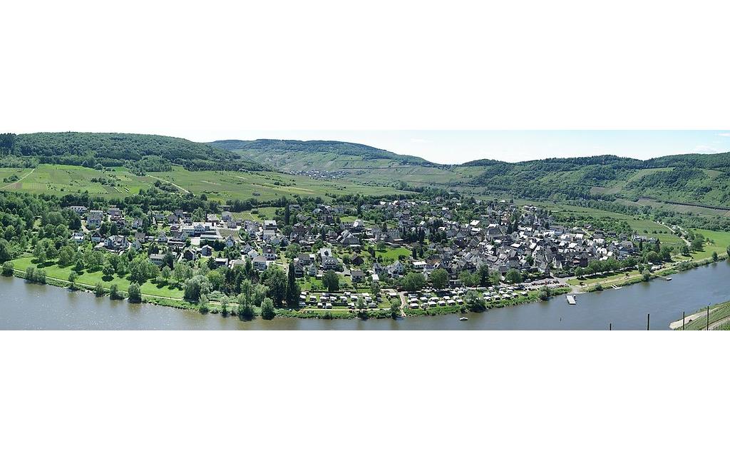 Panoramaansicht der Ortsgemeinde Pünderich, einer vom Weinbau geprägten Gemeinde (2009).