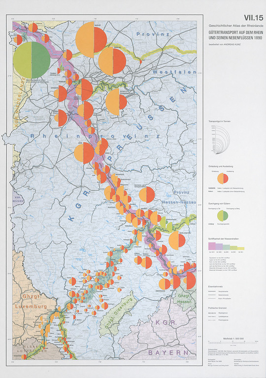 Karte aus dem Geschichtlichen Atlas der Rheinlande, VII.15: Gütertransport auf dem Rhein und seinen Nebenflüssen 1890 (Andreas Kunz, 2006).