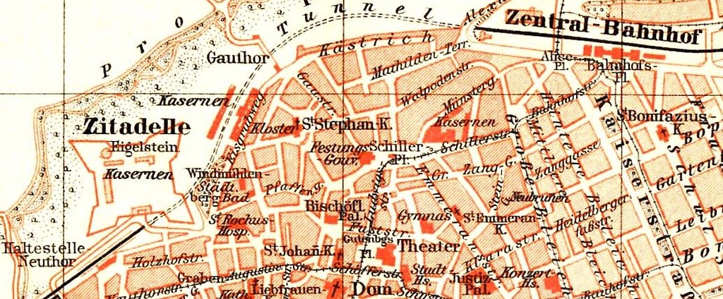 Ausschnitt eines Stadtplans von Mainz aus der "Historisch-geographischen Enzyklopädie der Welt" (1880-1898)