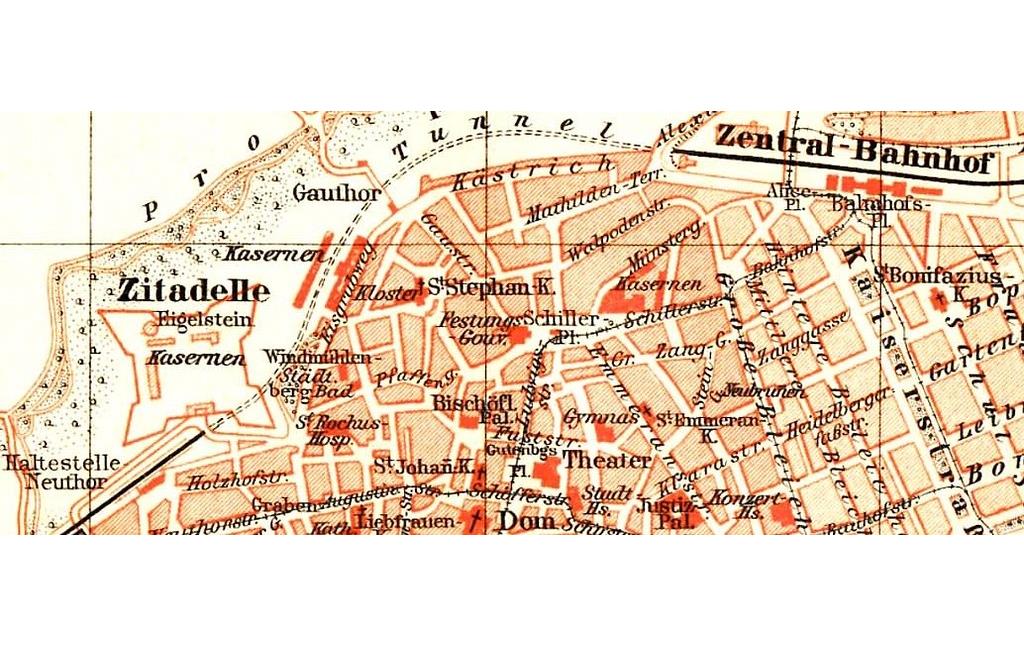 Ausschnitt eines Stadtplans von Mainz aus der "Historisch-geographischen Enzyklopädie der Welt" (1880-1898)