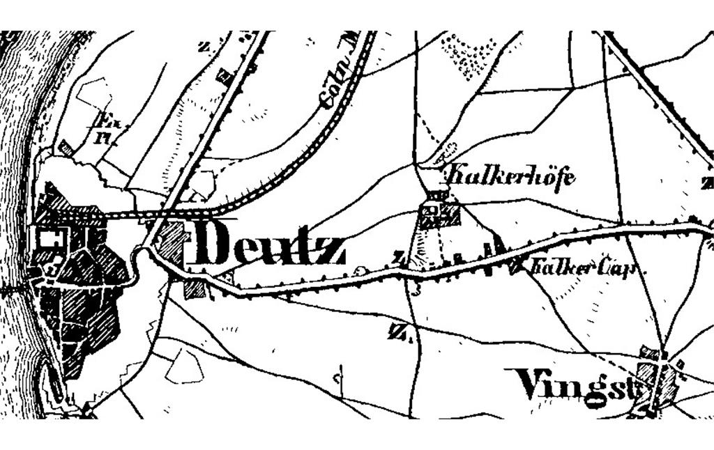 Ausschnitt aus der Karte "Rheinland und Westfalen" (1834-1855) im Maßstab 1:80.000 mit der Region zwischen Deutz,  Kalk und Vingst vor der Industrialisierung.