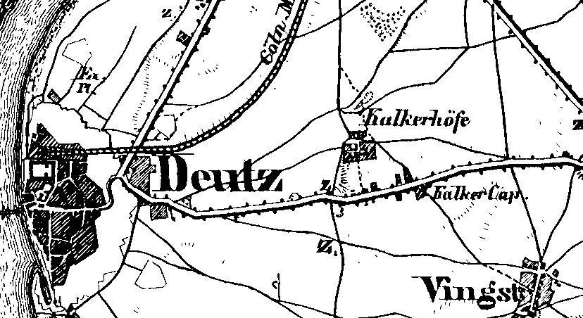 Ausschnitt aus der Karte "Rheinland und Westfalen" (1834-1855) im Maßstab 1:80.000 mit der Region zwischen Deutz,  Kalk und Vingst vor der Industrialisierung.