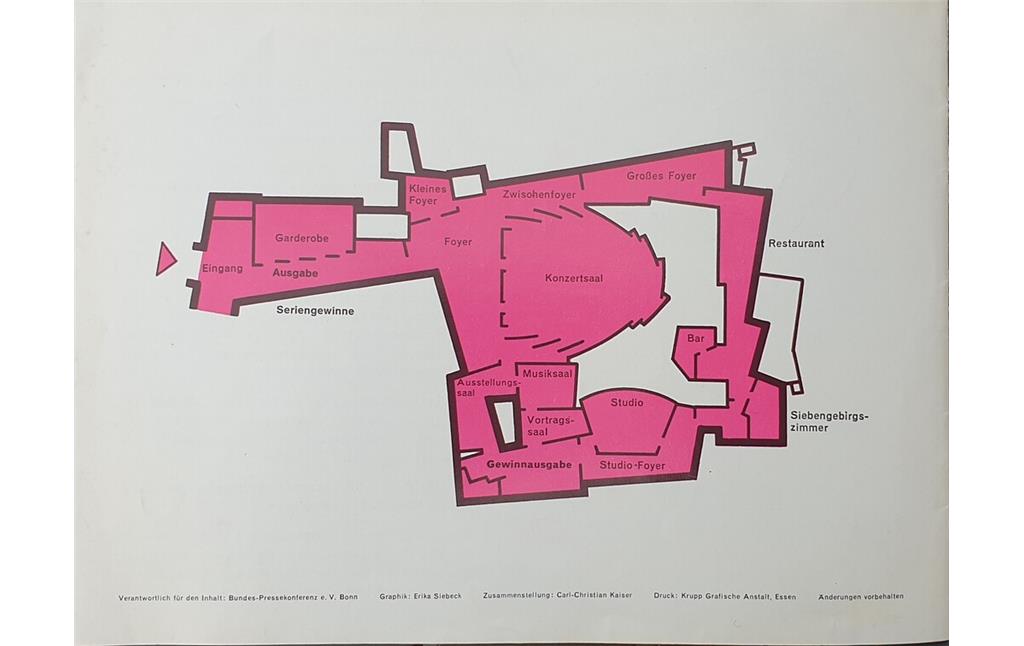 Grundriss und Raumplan der Bonner Beethovenhalle auf der Rückseite des Programms zum dort stattfindenden Bundes-Presseball 1972.