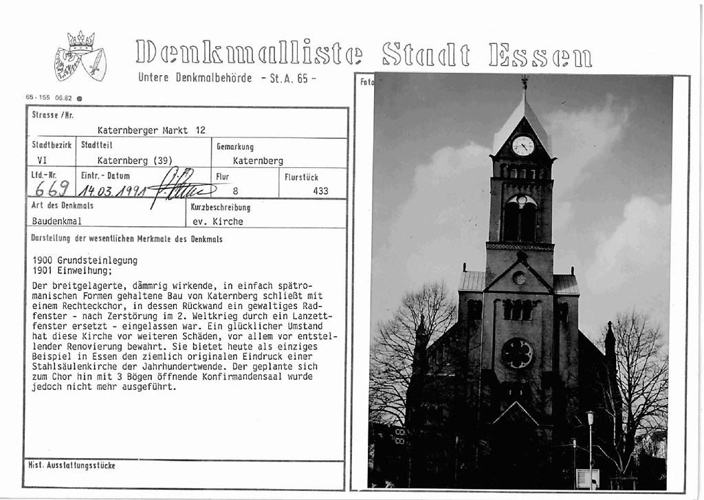 Eintragungsblatt Untere Denkmalbehörde Essen Evangelische Kirche Katernberg