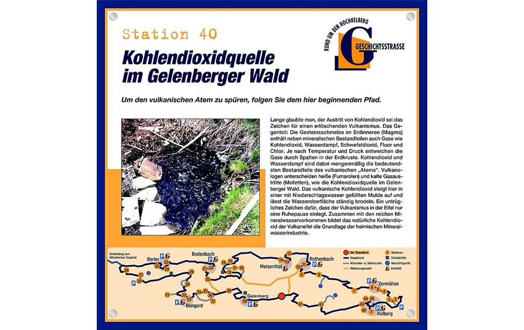 Schautafel der Geschichtsstraße Kelberg zur Kohlendioxidquelle im Gelenberger Wald (Station 40)