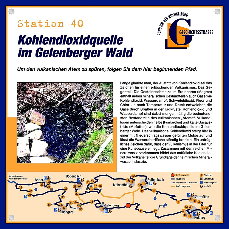 Schautafel der Geschichtsstraße Kelberg zur Kohlendioxidquelle im Gelenberger Wald (Station 40)
