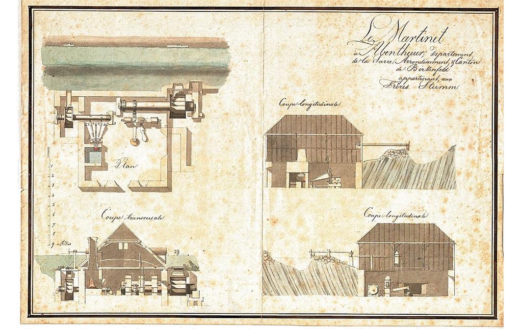 Historische Planzeichnung des Kleinen Hammers der Eisenhütte Abentheuer (undatiert, vermutlich um 1786)