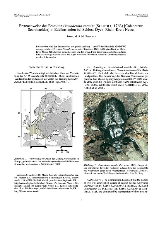 Aufsatz "Erstnachweise des Eremiten Osmoderma eremita (Scopoli, 1763) in Edelkastanien bei Schloss Dyck, Rhein-Kreis Neuss" von Martin Sorg und Michael Stevens (2010, PDF-Datei, 3,2 MB)