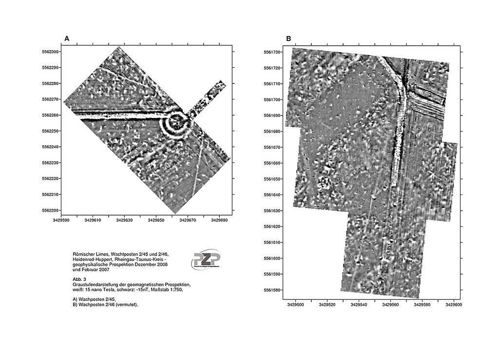 Geomagnetisches Messbild der Limeswachtturmstelle Wp 2/45 bei Heidenrod-Huppert im Rheingau-Taunus-Kreis (2006)