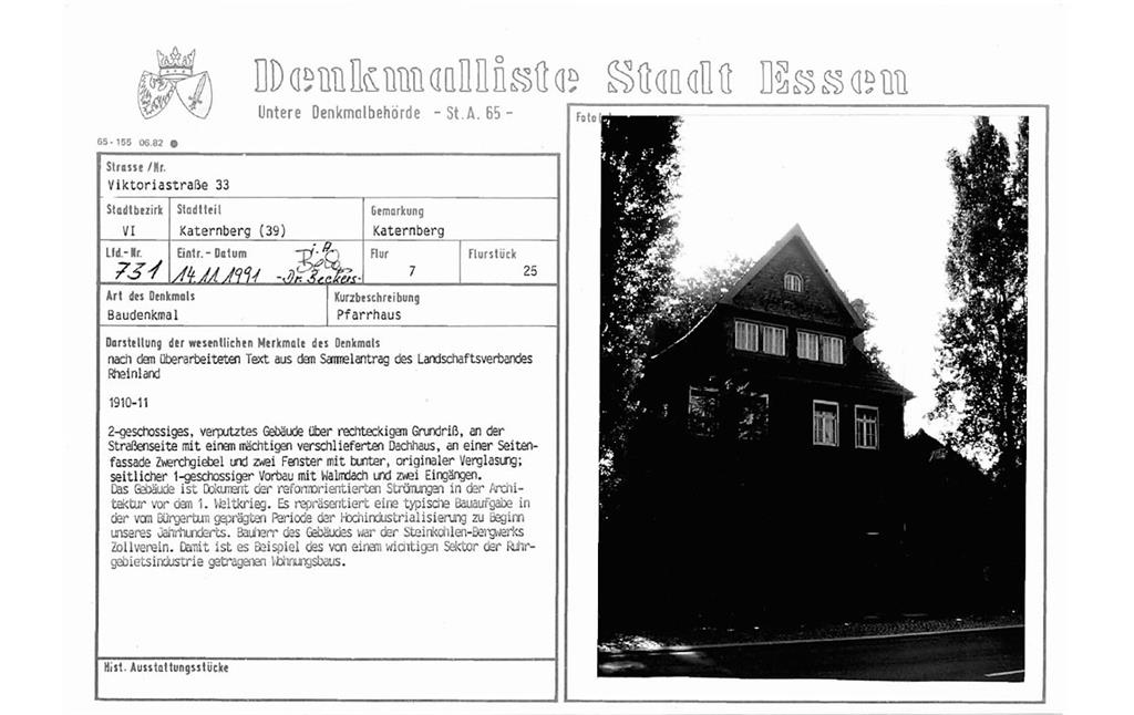 Eintragungsblatt Untere Denkmalbehörde Essen Pfarrhaus Viktoriastraße in Katernberg