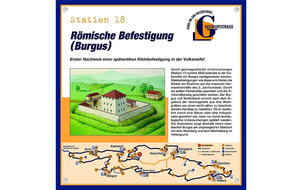 Schautafel der Geschichtsstraße Kelberg zur Römischen Befestigung (Burgus) in der Flur "Ober der steinigen Heck" bei Bodenbach (Station 18)