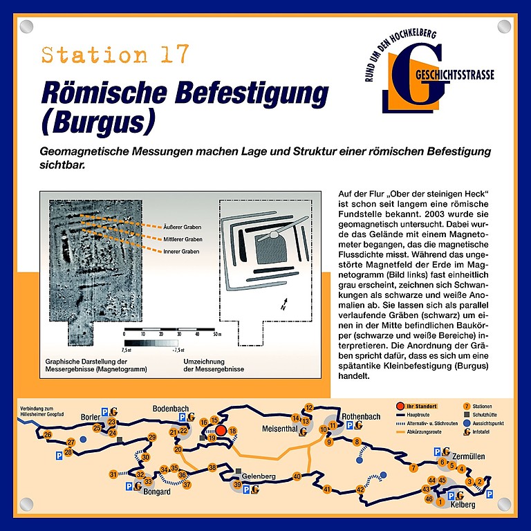 Schautafel der Geschichtsstraße Kelberg zur Römischen Befestigung (Burgus) in der Flur "Ober der steinigen Heck" bei Bodenbach (Station 17)