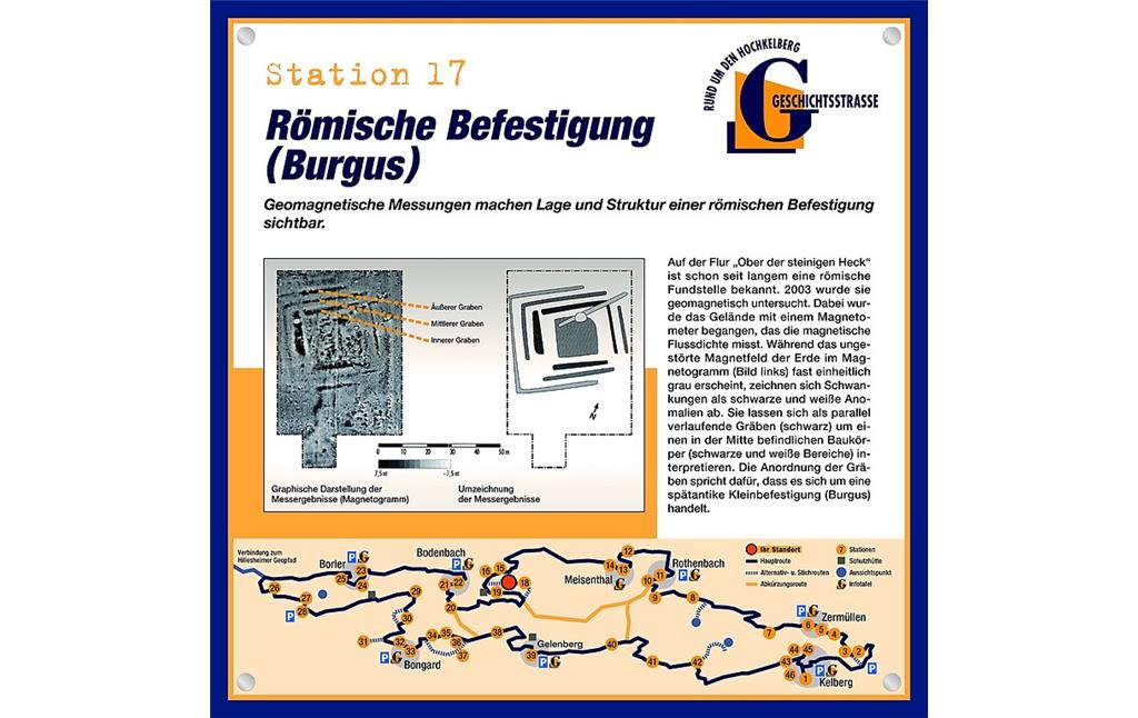 Schautafel der Geschichtsstraße Kelberg zur Römischen Befestigung (Burgus) in der Flur "Ober der steinigen Heck" bei Bodenbach (Station 17)