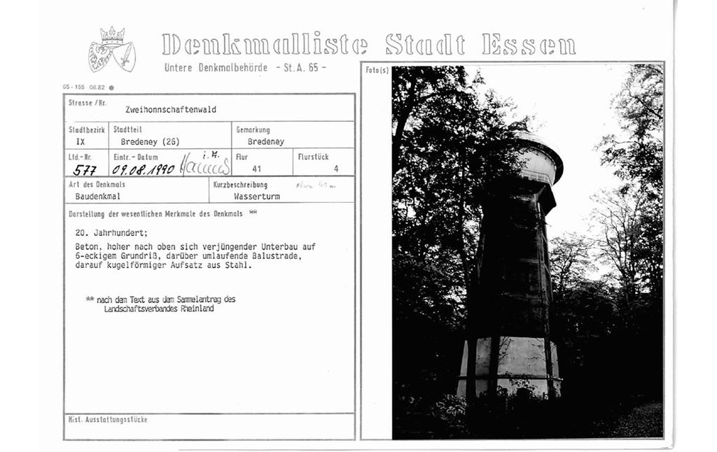 Denkmallistenblatt des Denkmals Wasserturm Zweihonnschaftenwald (Denkmallistennummer A 577) der Stadt Essen