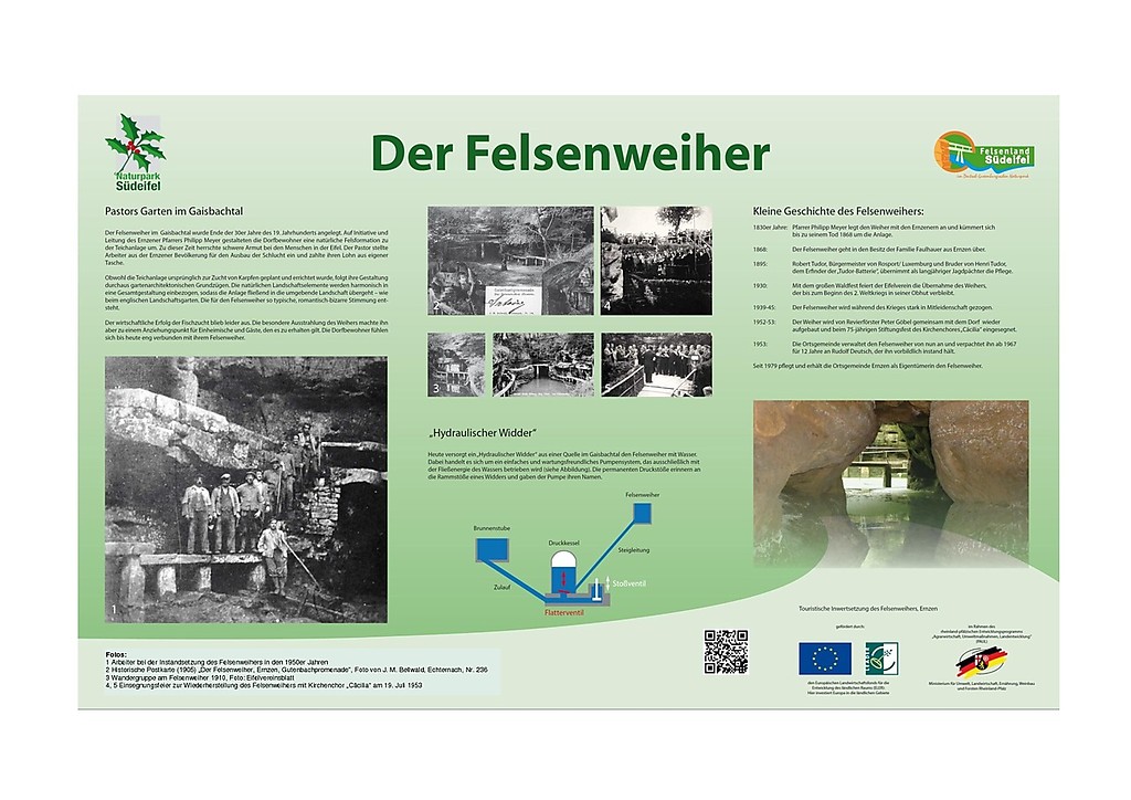 Informationen zur Geschichte des Felsenweihers bei Erznen mit historischen Fotos und einer schematischen Darstellung des Funktionsprinzips eines "Hydraulischen Widders" (PDF-Datei, 386 kB, 2017).