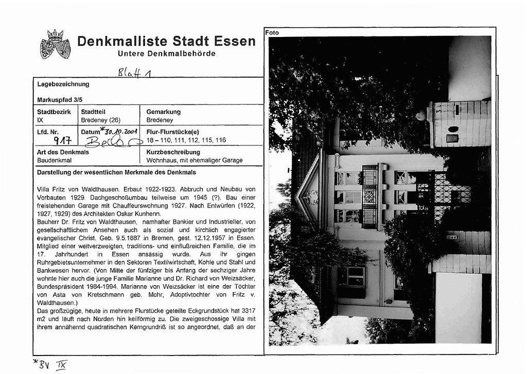 Denkmallistenblatt des Denkmals Wohnhaus mit ehemaliger Garage Markuspfad 3/5 (Denkmallistennummer A 917) der Stadt Essen