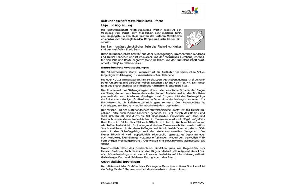Beschreibender Text zur Kulturlandschaft "Mittelrheinische Pforte" in Nordrhein-Westfalen