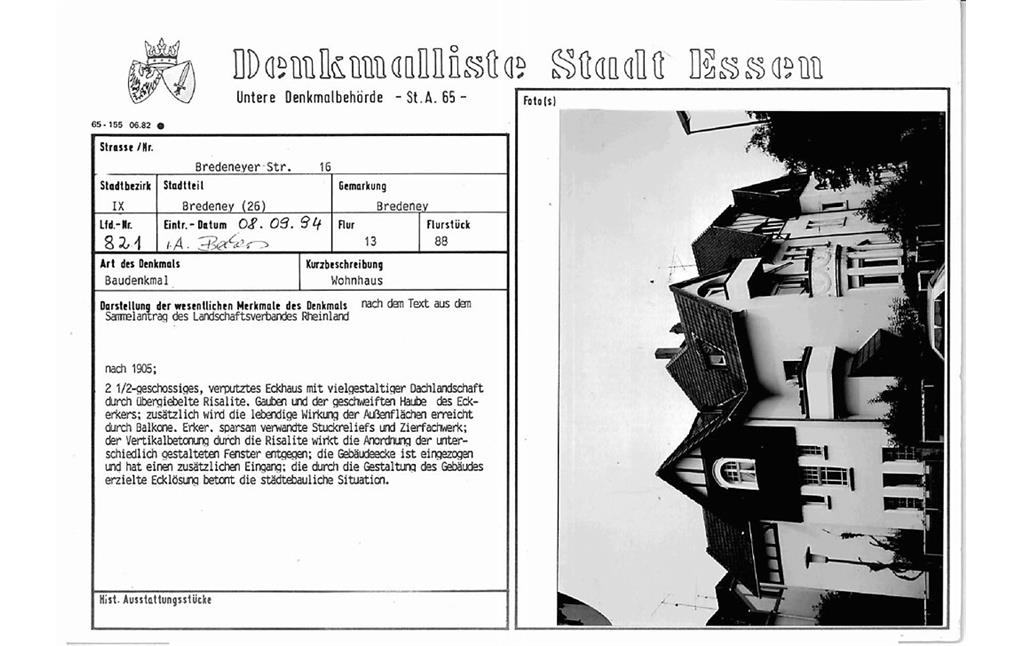 Denkmallistenblatt des Denkmals Wohnhaus Bredeneyer Str. 16 (Denkmallistennummer A 821) der Stadt Essen