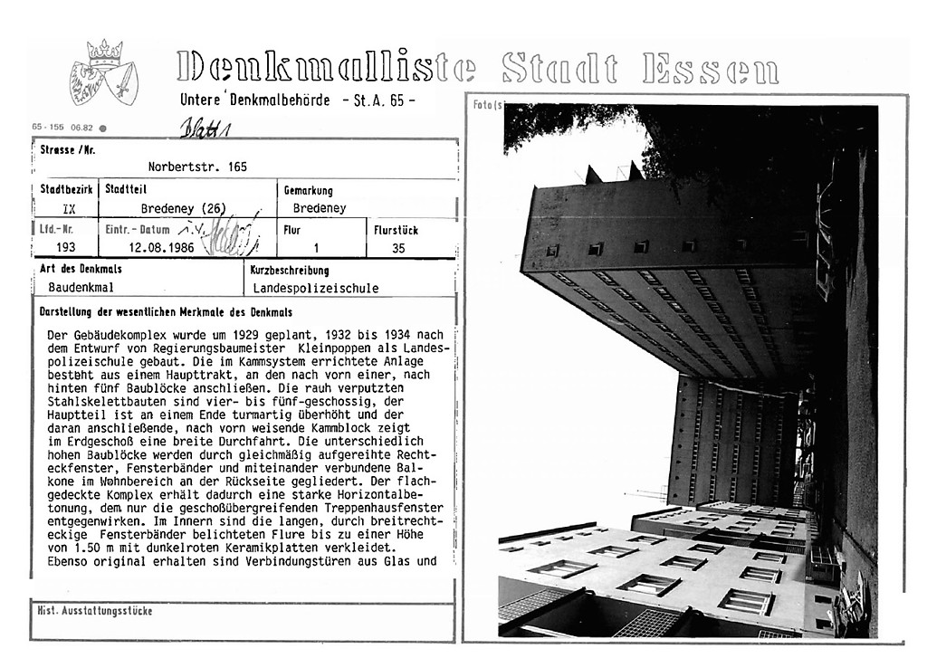 Denkmallistenblatt des Denkmals Landespolizeischule Norbertstr. 165 (Denkmallistennummer A 193) der Stadt Essen
