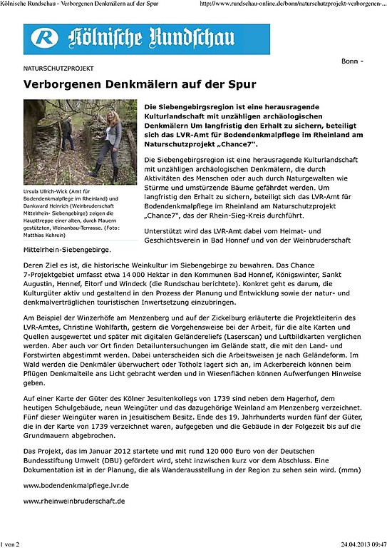 PDF-Datei, Pressebericht der Kölnischen Rundschau zum DBU-Projekt Siebengebirge Bad Honnef (Artikel "Verborgenen Denkmälern auf der Spur" vom 24.04.2013, 60 kB).