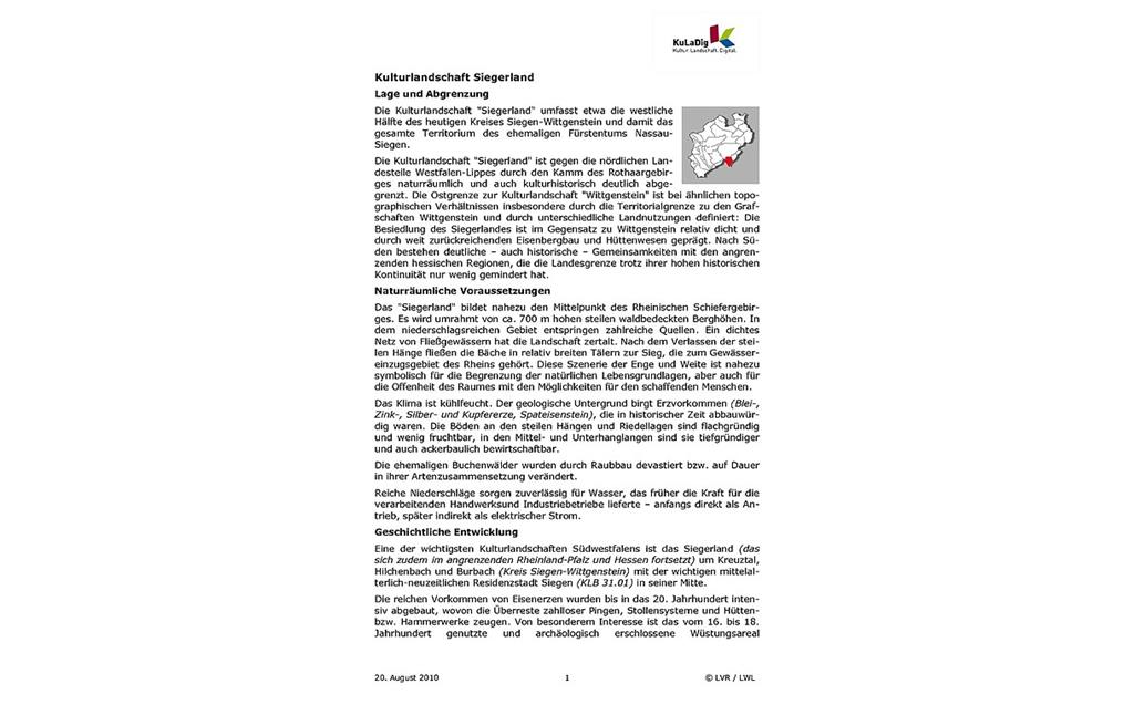 Beschreibender Text zur Kulturlandschaft "Siegerland" in Nordrhein-Westfalen