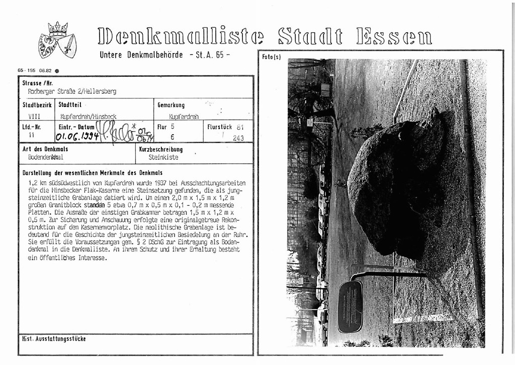 Eintragungsblatt Untere Denkmalbehörde Essen Steinkistengrab in Kupferdreh