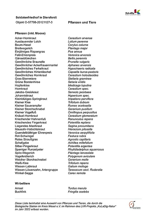 Liste von Pflanzen und Tieren am Soldatenfriehof Diesfordt (2022)