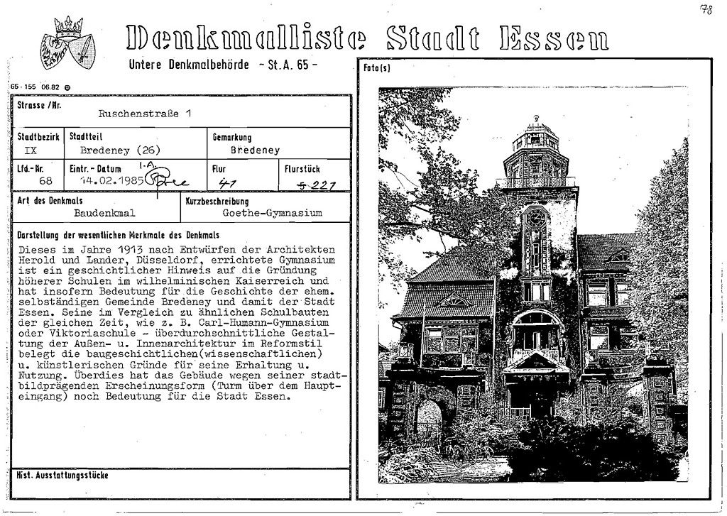 Denkmallistenblatt des Denkmals Goethe-Gymnasium Ruschenstraße 1 (Denkmallistennummer A 68) der Stadt Essen