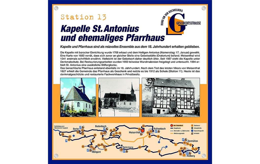 Schautafel der Geschichtsstraße Kelberg zur Kapelle St. Antonius und zum ehemaligen Pfarrhaus in Meisenthal bei Kelberg (Station 13)