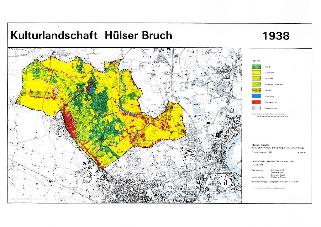 Karte mit den Landnutzungen im Bereich des Hülser Bruches bei Krefeld 1938