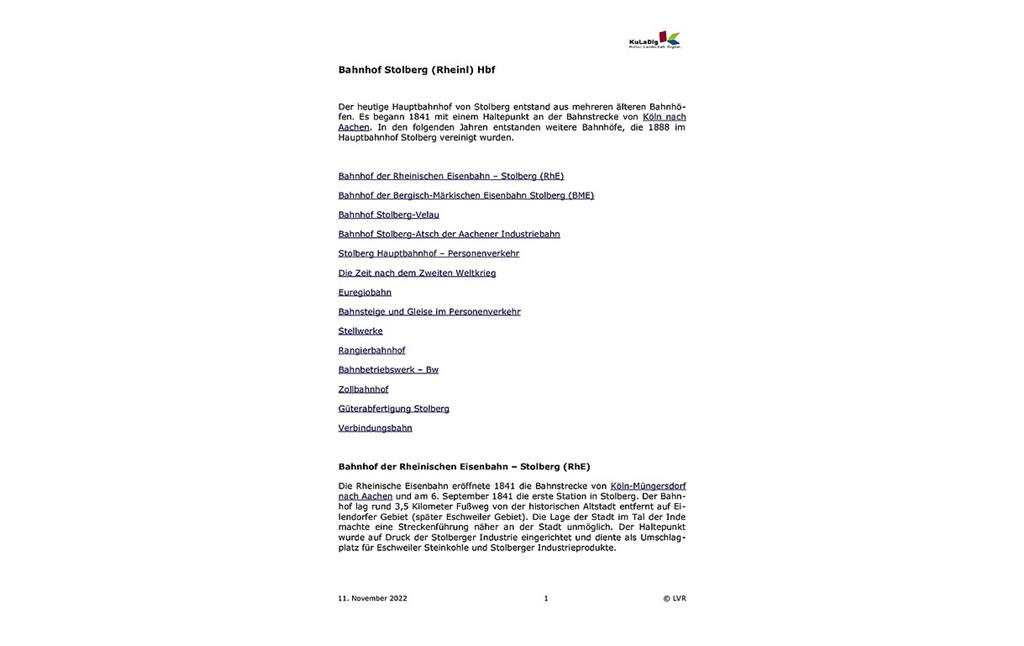 Bahnhof Stolberg (Rheinl). Text zur Geschichte des Bahnhofes und seiner Betriebseinrichtungen (PDF, 1,5 MB) (2022)