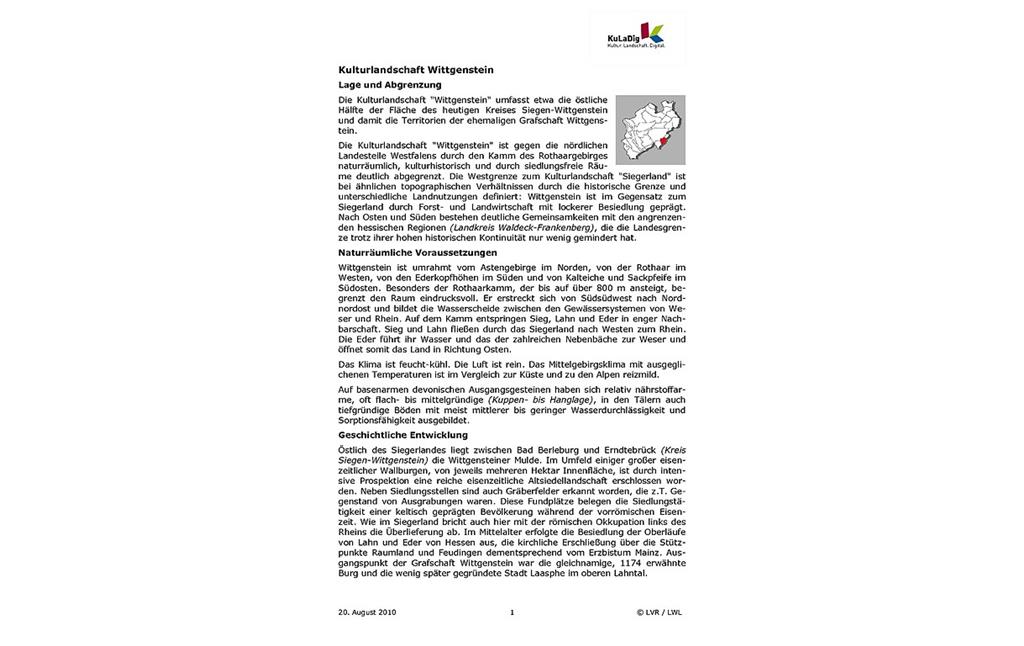 Beschreibender Text zur Kulturlandschaft "Wittgenstein" in Nordrhein-Westfalen