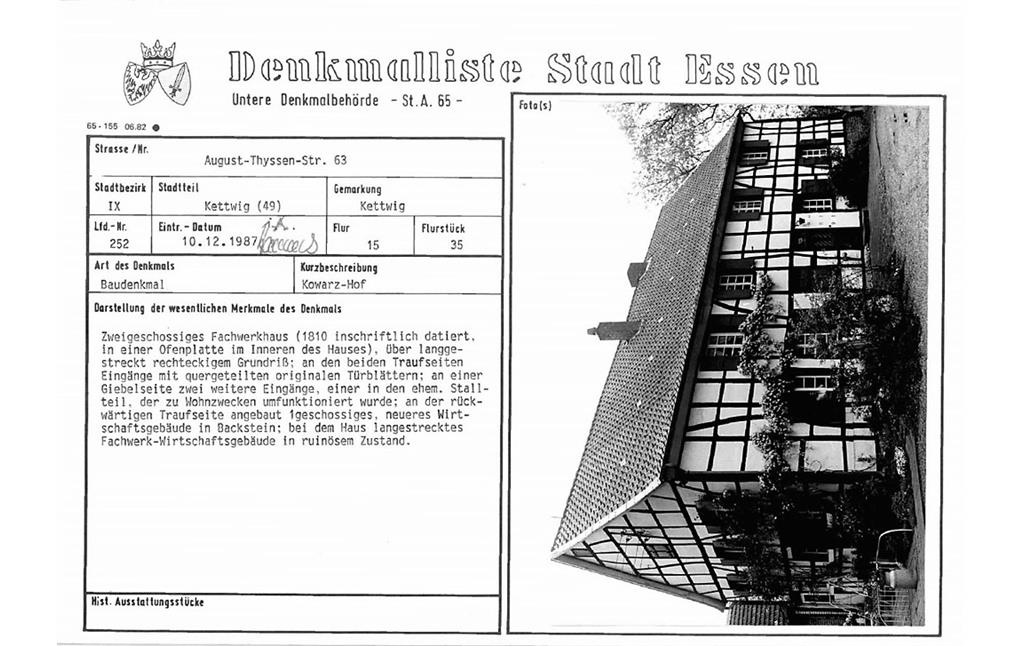 PDF-Datei der Eintragung Denkmalpflege Essen Baudenkmal Nummer 252 Hof Kowarz