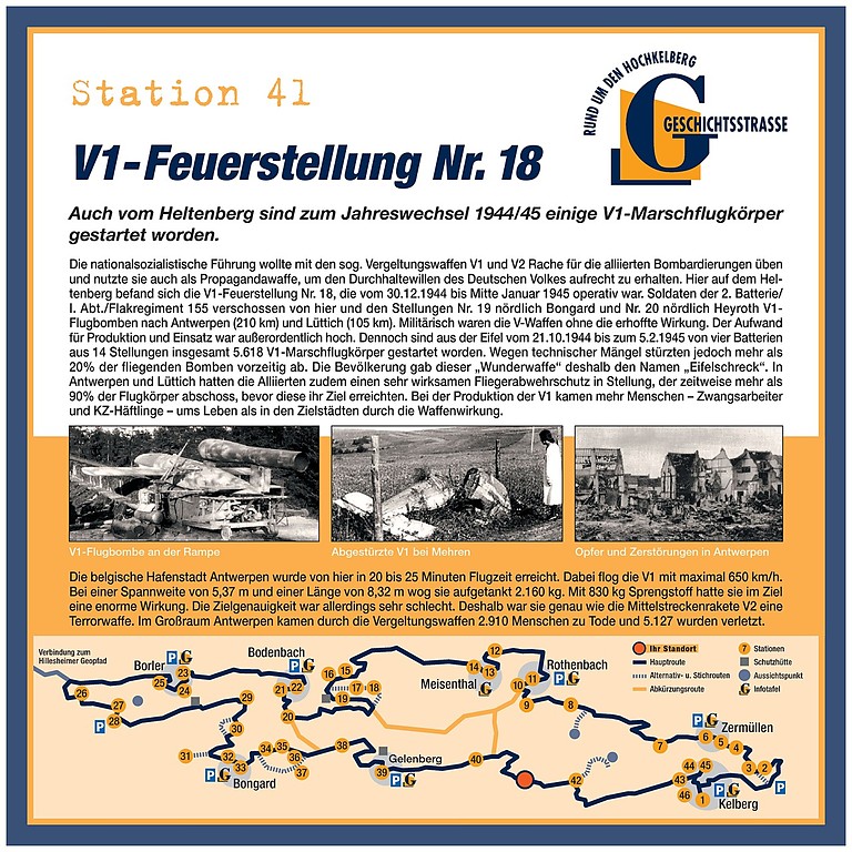 Schautafel der Geschichtsstraße Kelberg zur V1-Feuerstellung Nr. 18 auf dem Heltenberg bei Kelberg (Station 41)