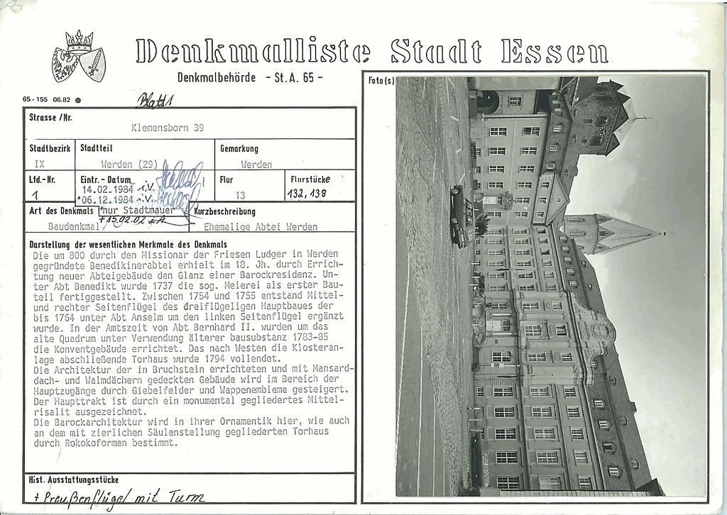 Denkmallistenblatt der Stadt Essen für die "Ehemalige Abtei Werden" in Essen